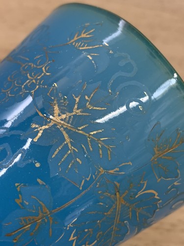BOHEMIAN GLASS VASE Blue Opaline Alabaster French Gold Stencil ANTIQUE - Picture 6 of 11