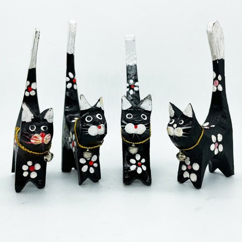 Wooden Long Tail Cat Figurine Carving Statue Sculpture Small Black & White Color - Picture 10 of 12