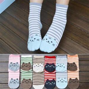 6 Pairs Women's Combed Cotton Striped Cat Casual Sports Warm Soft Cartoon Socks 
