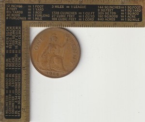 United Kingdom Qty 1 Coin 1966 UK England British predecimal one 1 penny copper