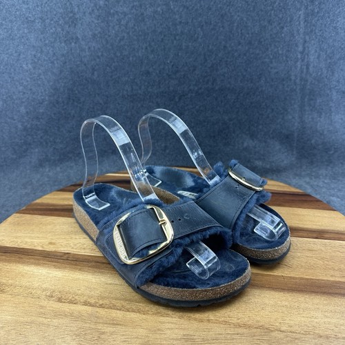 Birkenstock Women's Madrid Big Buckle Shearling Oiled Leather Blue Sandals Sz 6 - Picture 2 of 15