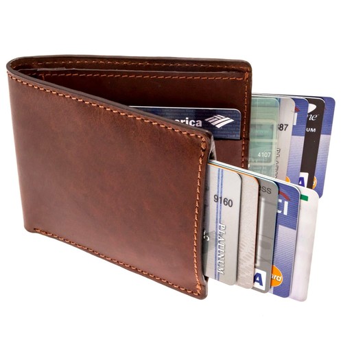 Cartera delgada minimalista con bloqueo RFID para tarjeta de crédito plegable de cuero genuino para hombre - Imagen 7 de 9