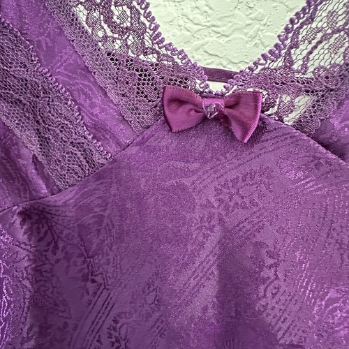 Vintage Adonna Floral Royal Lila Satin Slip Babydoll Nachthemd Kleid L Glam Y2K - Bild 5 von 14