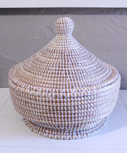 Dekorativer Topf Korb Senegal Senegalesisch Seegras Deckel Beige Weiß 12"x12"