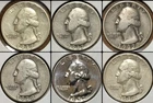 Lot of 6 Washington Quarters 1937 PDS 1938 P D 1957Pr, 90% Silver