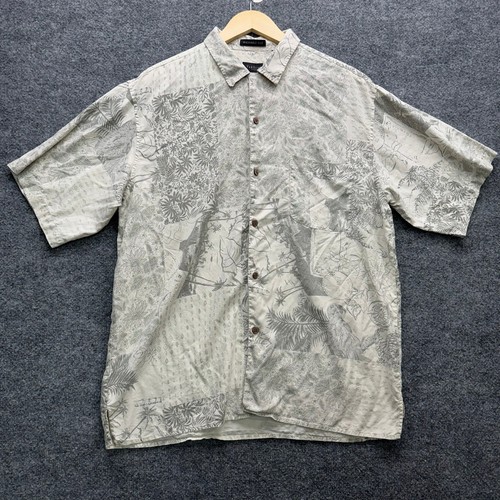 Van Heusen Button Up Shirt Mens Size L Short Sleeve Washable Silk Tropical Print - Picture 1 of 14