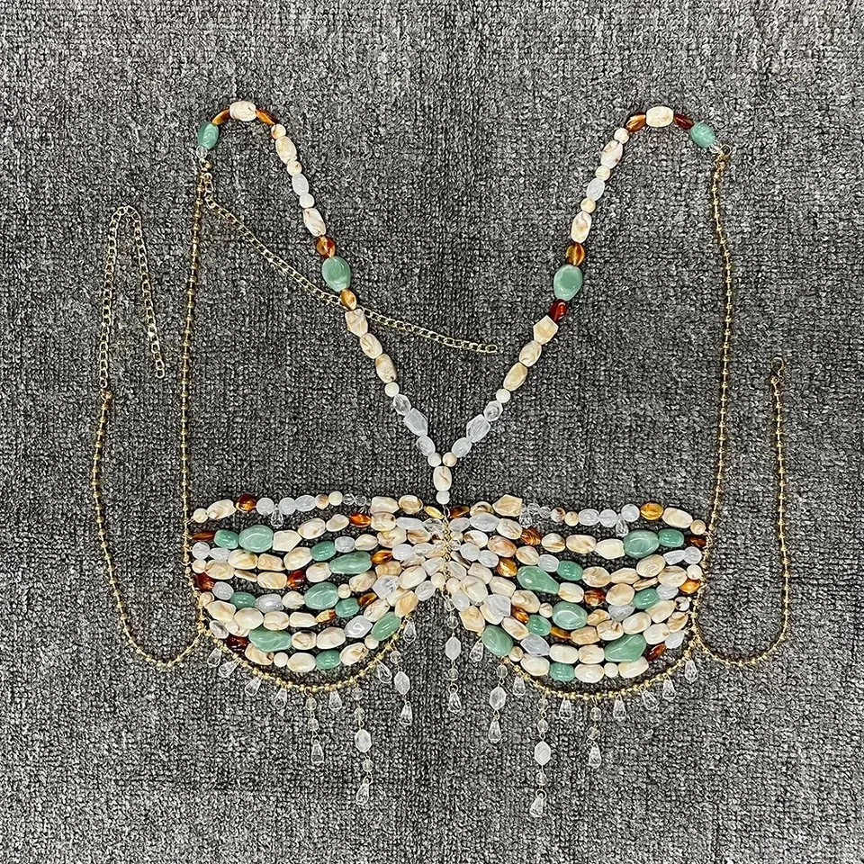 Sujetador Bikini Hecho a Mano con Tirantes Huecos Borla Elegante Perla Cuerpo Cadena  Foto 2 de 4