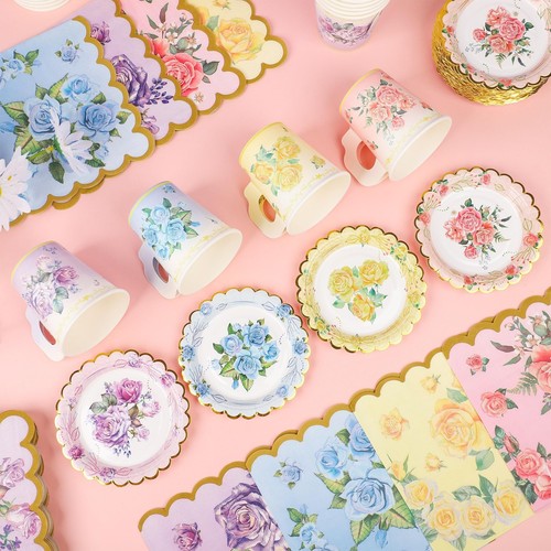 40 Set Floral Tea Cups and Saucers Disposable Tea Party Supplies Colorful Flower - Picture 7 of 7