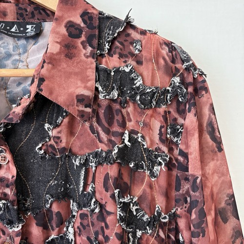 Vintage JAZ Shirt Top Size 20 Brown Black Animal Print Applique Distressed Sheer - Picture 4 of 15