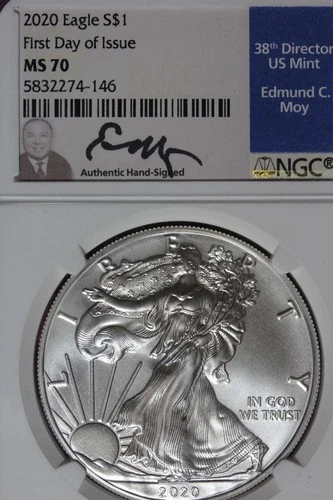 2020 NGC MS70 FIRST DAY OF ISSUE AMERICAN SILVER EAGLE EDMUND C MOY #B51990