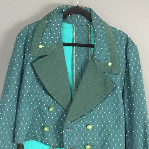Custom Made Tailcoat Jacket Mens Large Teal Polka Dot Double Breasted Satin - Picture 10 of 12