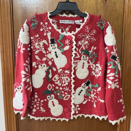 Cárdigan suéter tejido rojo Michael Simon 1994 vintage muñeco de nieve para mujer talla 1 lindo - Imagen 1 de 11