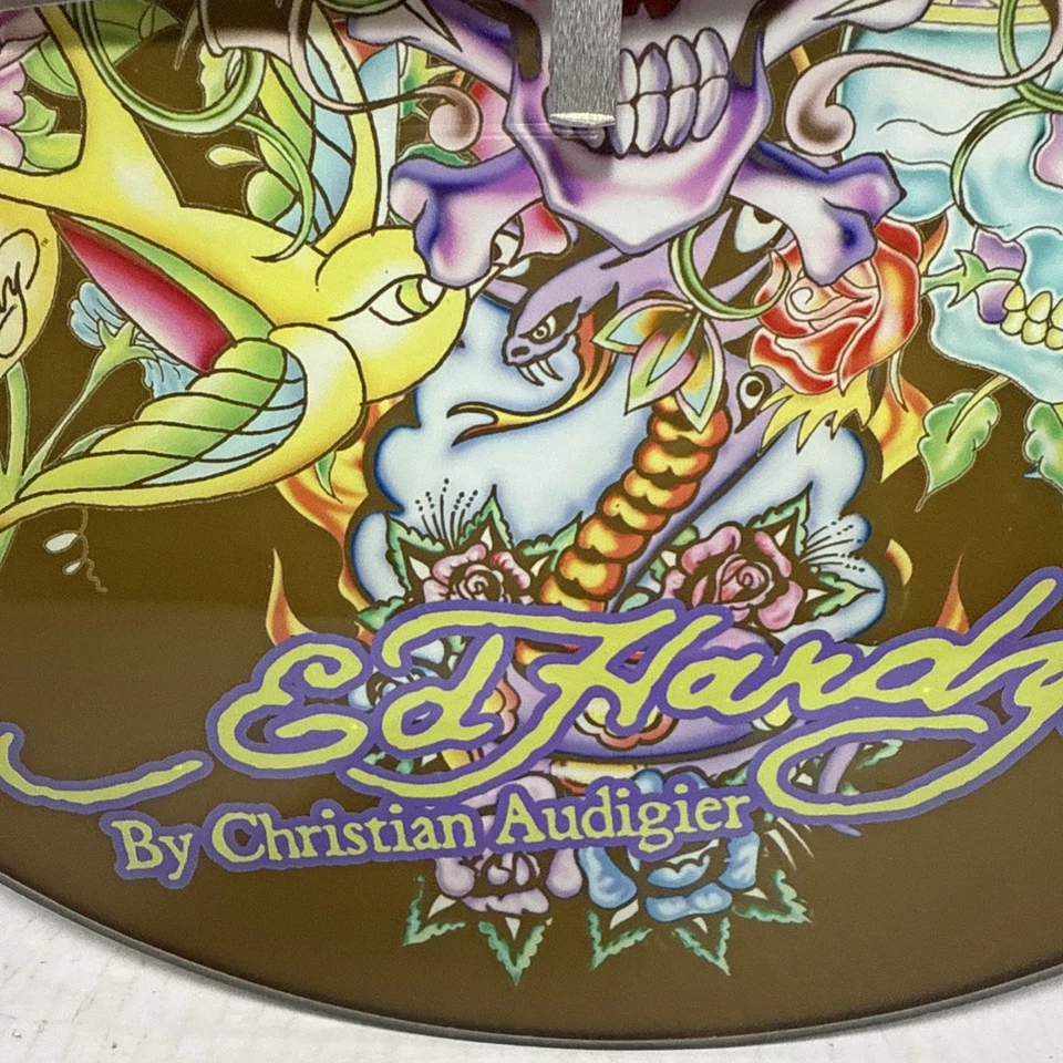 ED HARDY by Christian Audigier Flower Skull Glass Wall Clock 14" PREOWNED - Image 4 of 4