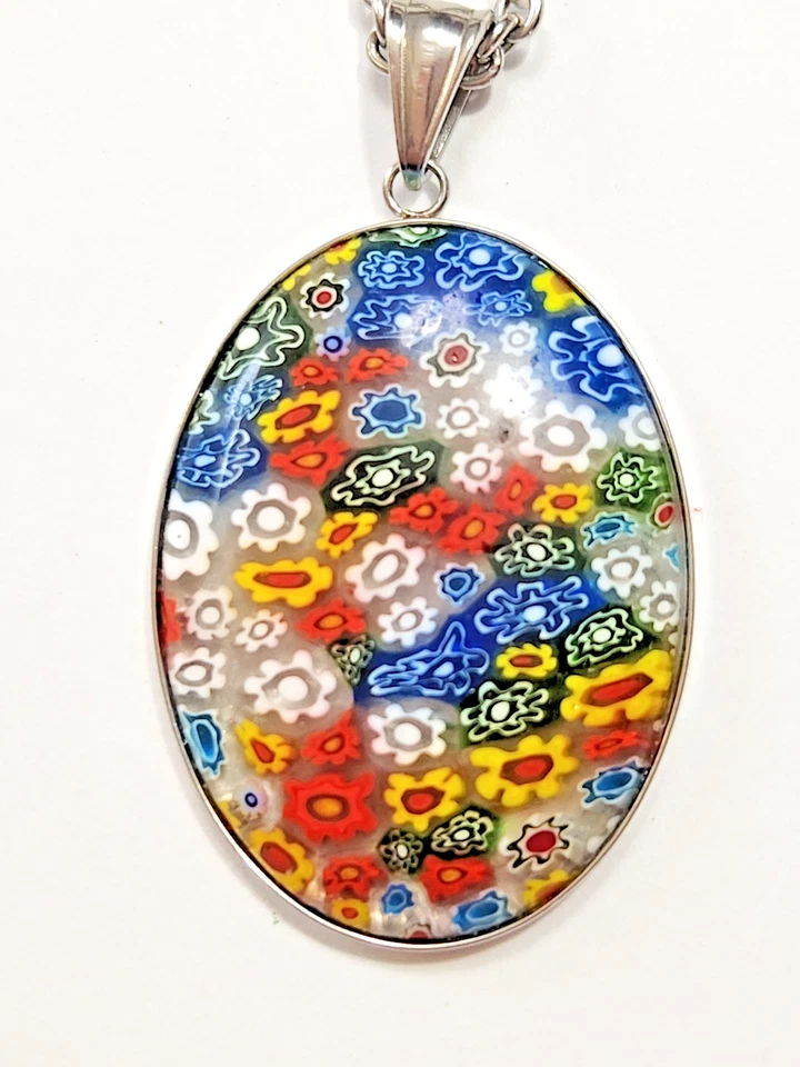 Jewelry Set Necklace Bracelet Earrings Millefiori Glass Cabochon Stainless Steel - Image 2 of 4