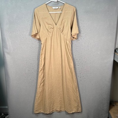 & Other Stories Womens Size 4 Beige Linen Midi Dress With V-Neck & Tie Back