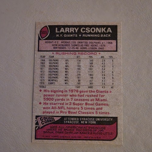 LARRY CSONKA 1977 TOPPS #505 NEW YORK GIANTS - Picture 2 of 2