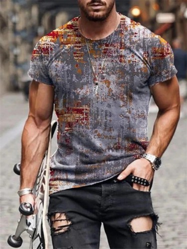 Mans Abstract Print Short Sleeve T-shirt Sports Crew Neck Tops Casual Comfy Tee - Bild 7 von 38