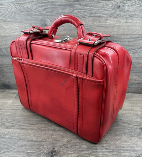 Vintage Carry On Leather Weekender Hard Frame Suit Case Red Strap Buckle 16 x 14