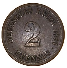 Germany Two Pfennig Coin 1876 D Type 1 Large Shield Wilhelm I Copper 20mm KM # 2