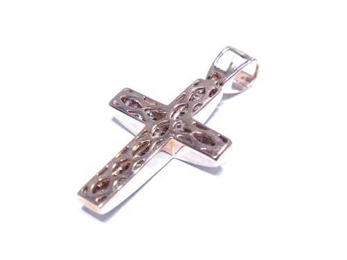 14k Yellow Gold (Rose Dipped) 1ct White Diamond Prong Set 3 Row Cross Pendant - Picture 3 of 8