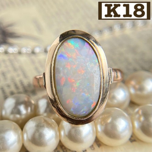 18k Yellow Gold Nat. Opal Vintage Bezel Ring US:6.5 UK:L-M 22.1x16.4mm 3.6g JPN - Picture 9 of 24