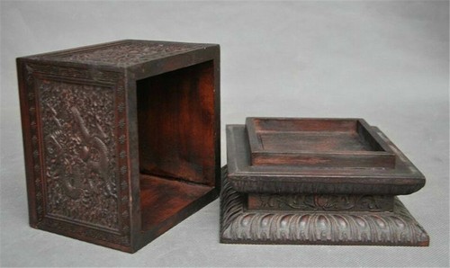 Caja de sellos antiguos de 5 dragones tallados a mano de madera china Huanghuali de 6" - Imagen 11 de 12