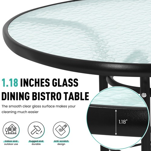 Round Garden Patio Table Dining Bistro Tempered Glass Table with Umbrella Hole - Picture 4 of 9