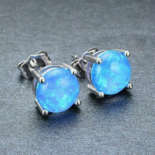 Orecchini a borchie opale argento sterling 925 8 mm rotondi blu fuoco opale per donna - Foto 5 di 5