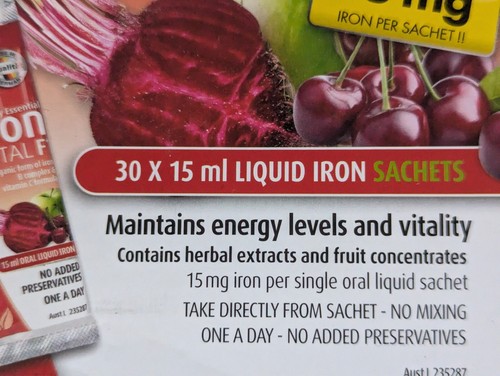 Body Essential Vital F Organic Oral Liquid Iron 30 Sachets 15mg B Complex Vita C - Picture 2 of 5