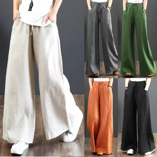Summer Womens Cotton Linen Baggy Long Trousers Elastic High Waist Wide Leg Pants