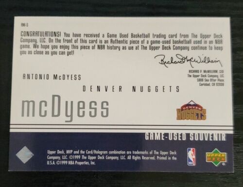 1999-00 Upper Deck MVP Game-Used Souvenirs Antonio McDyess #AM-S - Picture 2 of 2