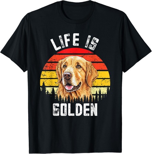 Vintage Life Is Golden Funny Golden Retriever Dog Lover Gift Unisex T-Shirt - Picture 1 of 4