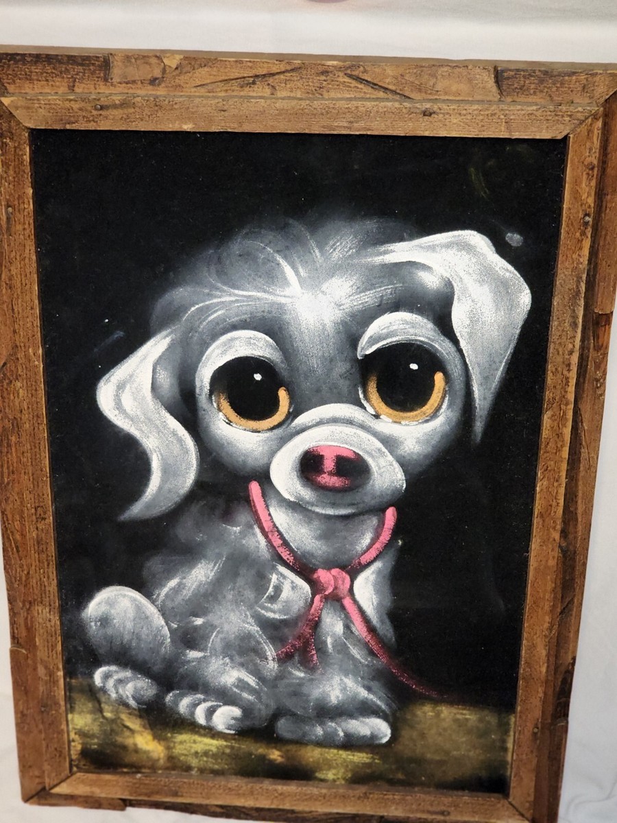 Set 2 VTG MCM Black Velvet Dog Paintings Framed Big Eyed / Upset