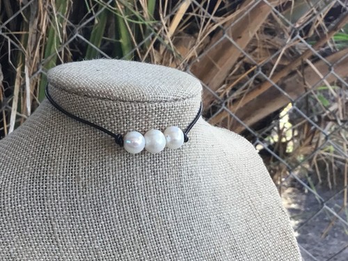 Triple Pearl Leather Choker, Leather and Pearl Choker Necklace w/Gift Bag - Picture 29 of 180