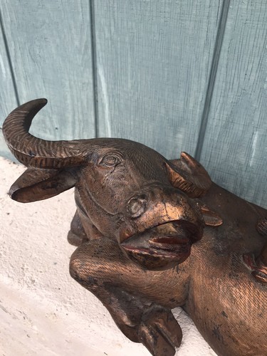 Scarce Antique Chinese Asia Lucky Fengshui Buffalo Bull Figurine Wood Sculpture - Picture 3 of 12