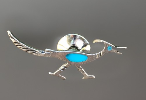 Broche prendedor sombrero plata vintage turquesa Roadrunner - Imagen 1 de 11