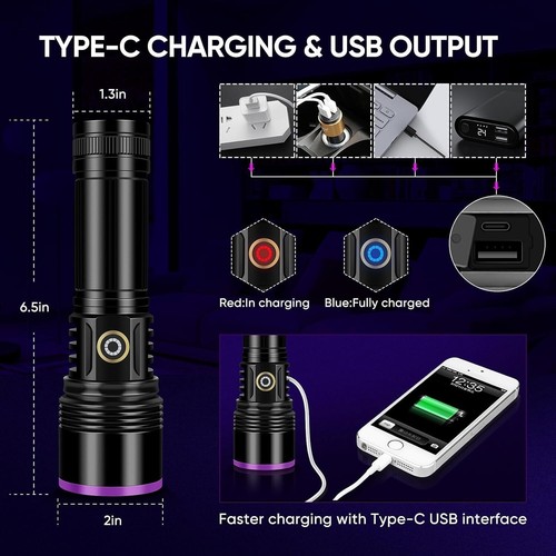 Torcia UV ricaricabile 30W 365nm luce nera filtro UV torcia per rilevamento - Foto 3 di 9