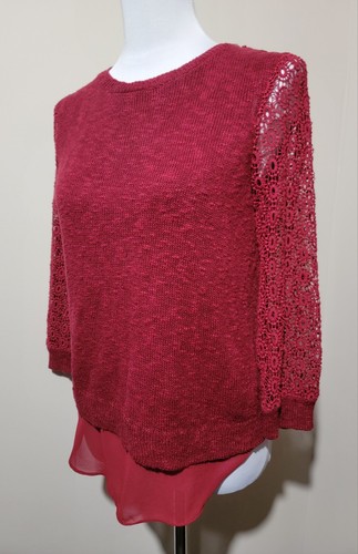 Lucky Brand Women's Red Linen Blend Lined Lace 3/4 Sleeve Sweater - Size Small - Picture 2 of 11