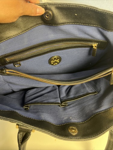 Tory Burch Large Black Saffiano Leather Tote Bag Purse Blue Canvas Lining - Picture 4 of 16