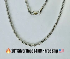 Silver Rope Chain Necklace 20” | 4MM Twisted | Stainless Steel | Mens Bling