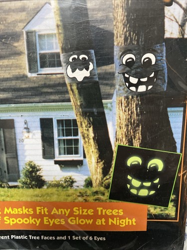 Vintage 1997 Halloween Sonne Hügel Baum Gesicht leuchtet im Dunkeln Masken Garten Deko - Bild 3 von 5