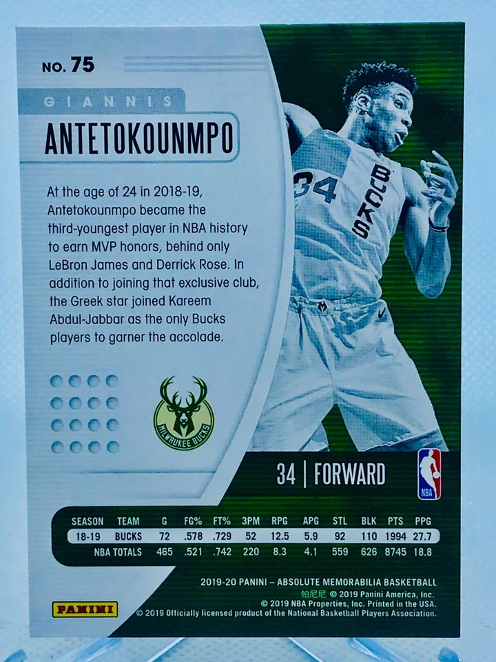 2019-20 Panini Absolute Memorabilia Giannis Antetokounmpo #75 - Image 2 of 2