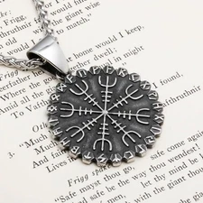 Viking Helm of Awe Vegvisir Rune Stainless Steel Pendant Necklace