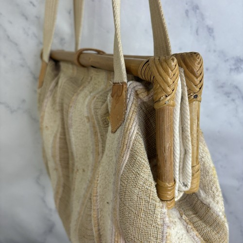 Vintage 70s Handbag Woven Fabric Bamboo Rattan Frame Cottagecore Purse Bag Hippy - Picture 21 of 24