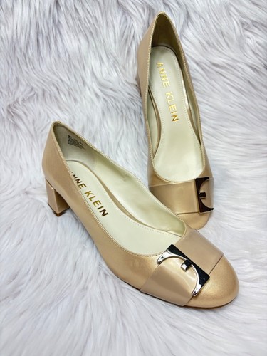 Anne Klein Size 9 Hastobe Block Heel Leather Beige Pump Casual