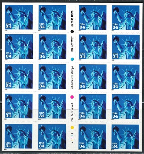 SFSTAMPS US Scott 3485b Freiheitsstatue Heftscheibe mit 20 Briefmarken 34c postfrisch 2001