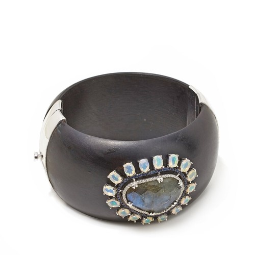 Raritäten Sterling Silber echter Labradorit, weißer Opal & Saphir, Holz Armreif - Bild 3 von 4