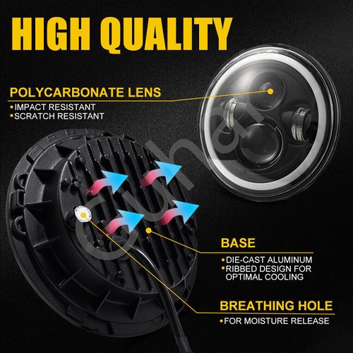For 1950-1979 VW Beetle Pair 7" Inch Round LED Headlights Hi/Low Beam Halo DRL - Picture 4 of 9
