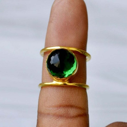 Green Chrome Diopside Quartz Sterling Silver Yellow Gold Double Band Gift Ring - Picture 3 of 5