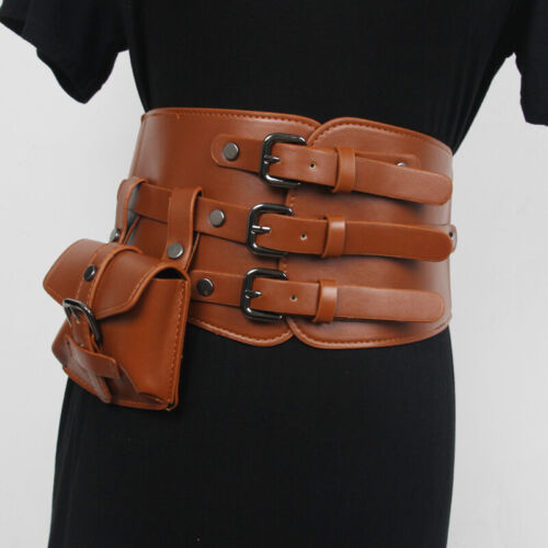Lady Faux Leather Corset with Pocket Buckle Waist Belt Wide Waistband Punk Retro - Picture 17 of 17